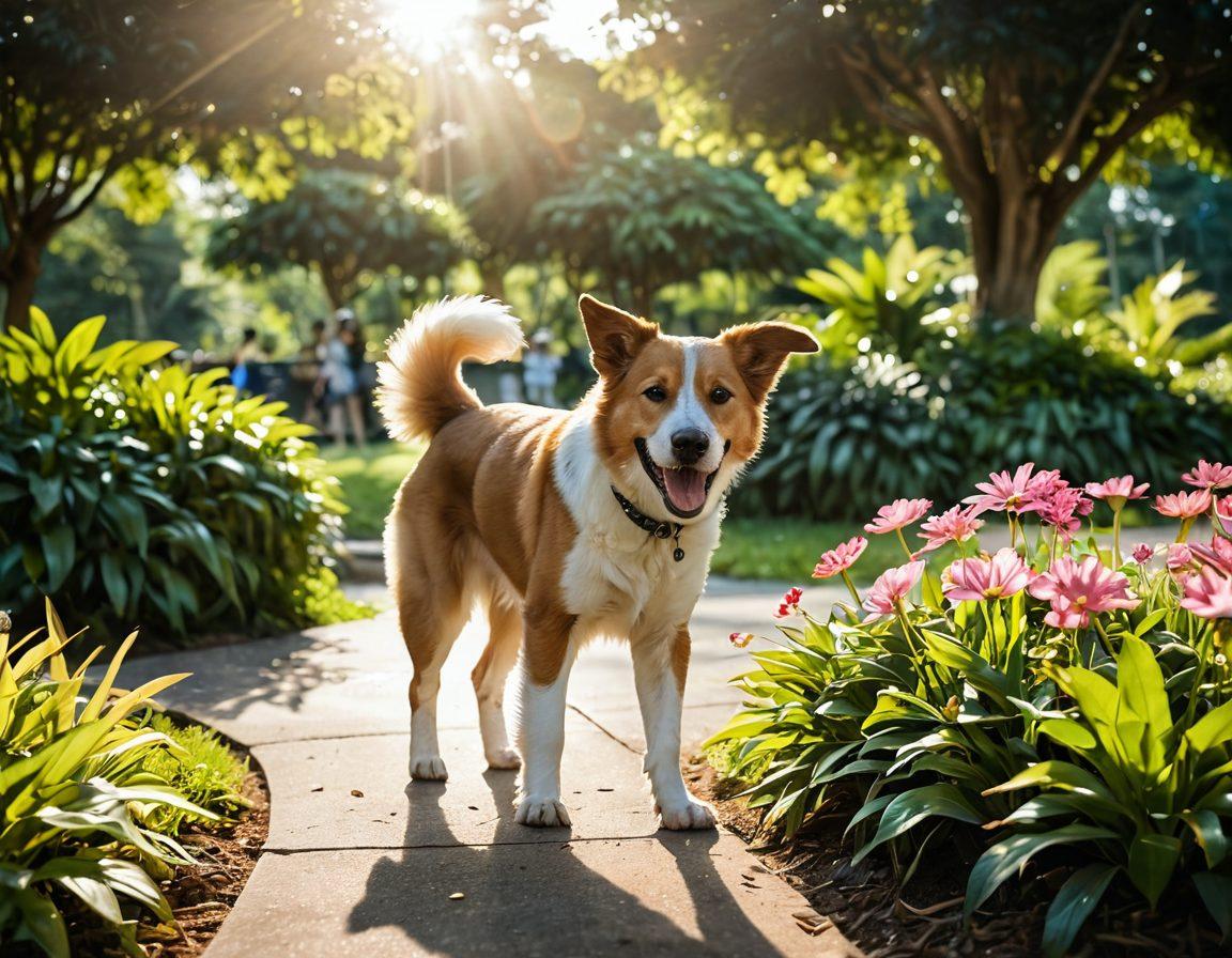 A heartwarming scene depicting a Sato dog energetically playing in a sunlit park in Singapore, surrounded by lush greenery and vibrant flowers. In the background, diverse people are smiling and engaging, reflecting joy and satisfaction. The atmosphere captures the transformative journey from sadness to happiness, showcasing an uplifting and positive vibe. soft focus. vibrant colors. realistic style.