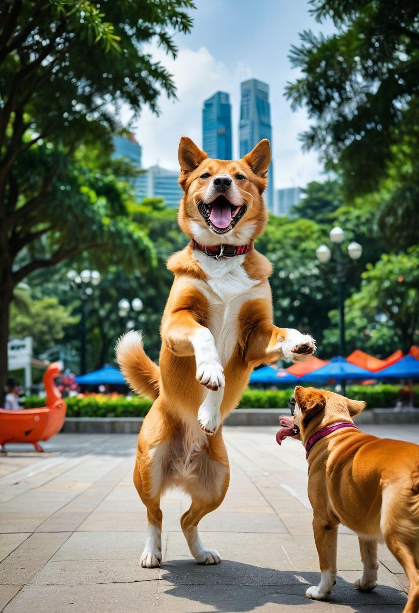 A vibrant scene depicting an energetic Sato dog playing joyfully in a community park in Singapore. Include diverse people of all ages interacting with the dog, showcasing a sense of unity and happiness. The backdrop features iconic Singaporean architecture and lush greenery, symbolizing civic life. Bright colors and lively expressions to highlight the joyful impact of the animals. super-realistic. vibrant colors. 3D.