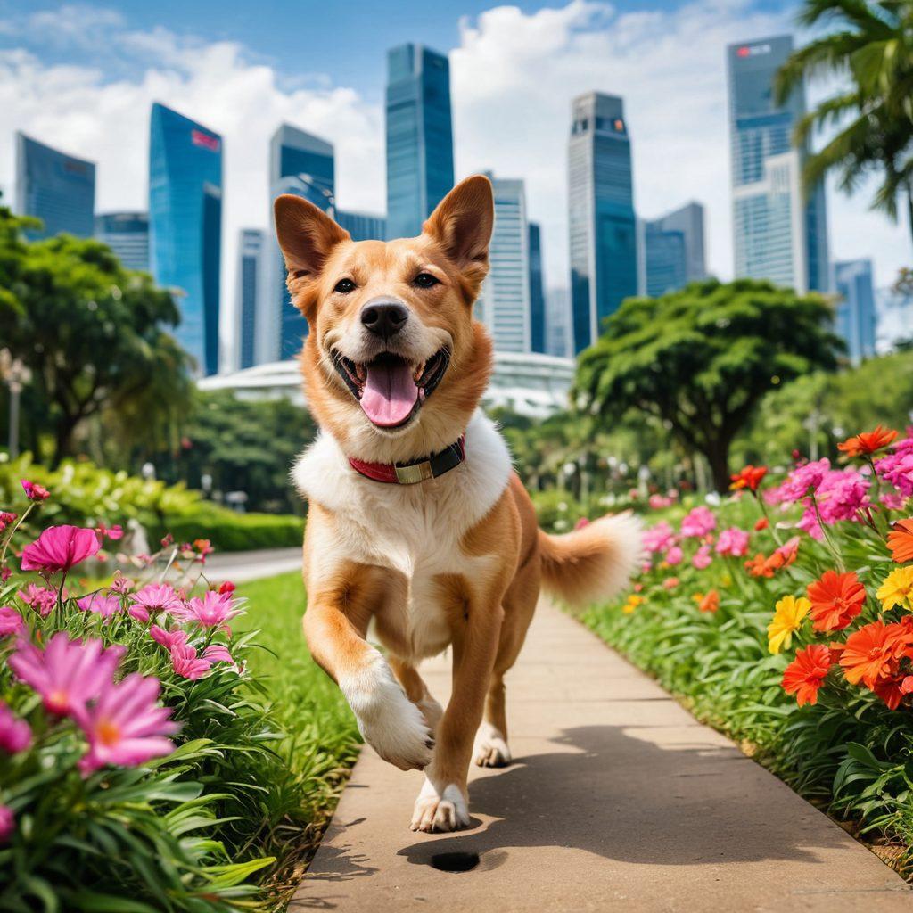 A playful Sato dog joyfully running through a vibrant Singapore park, surrounded by lush greenery and iconic cityscapes in the background. Capture the dog's expressive face conveying happiness, while colorful flowers bloom nearby. A bright, sunny day illuminates the scene, highlighting the vibrant energy of the moment. super-realistic. vibrant colors. cheerful atmosphere.